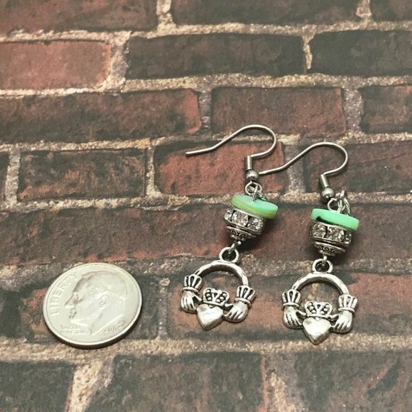 Claddagh Hook Earrings Green Mother of Pearl Shell - Picture 6 of 9